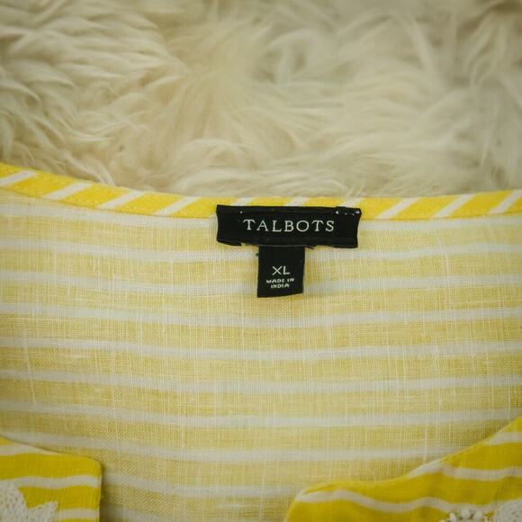 Talbots Size XL Yellow Embroidered Bead Split V Neck Long Sleeve Boxy Linen Top - Picture 4 of 6
